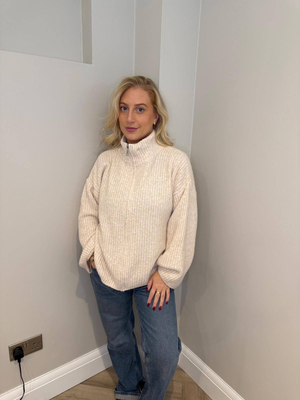 Zip Knit Jumper in Cream