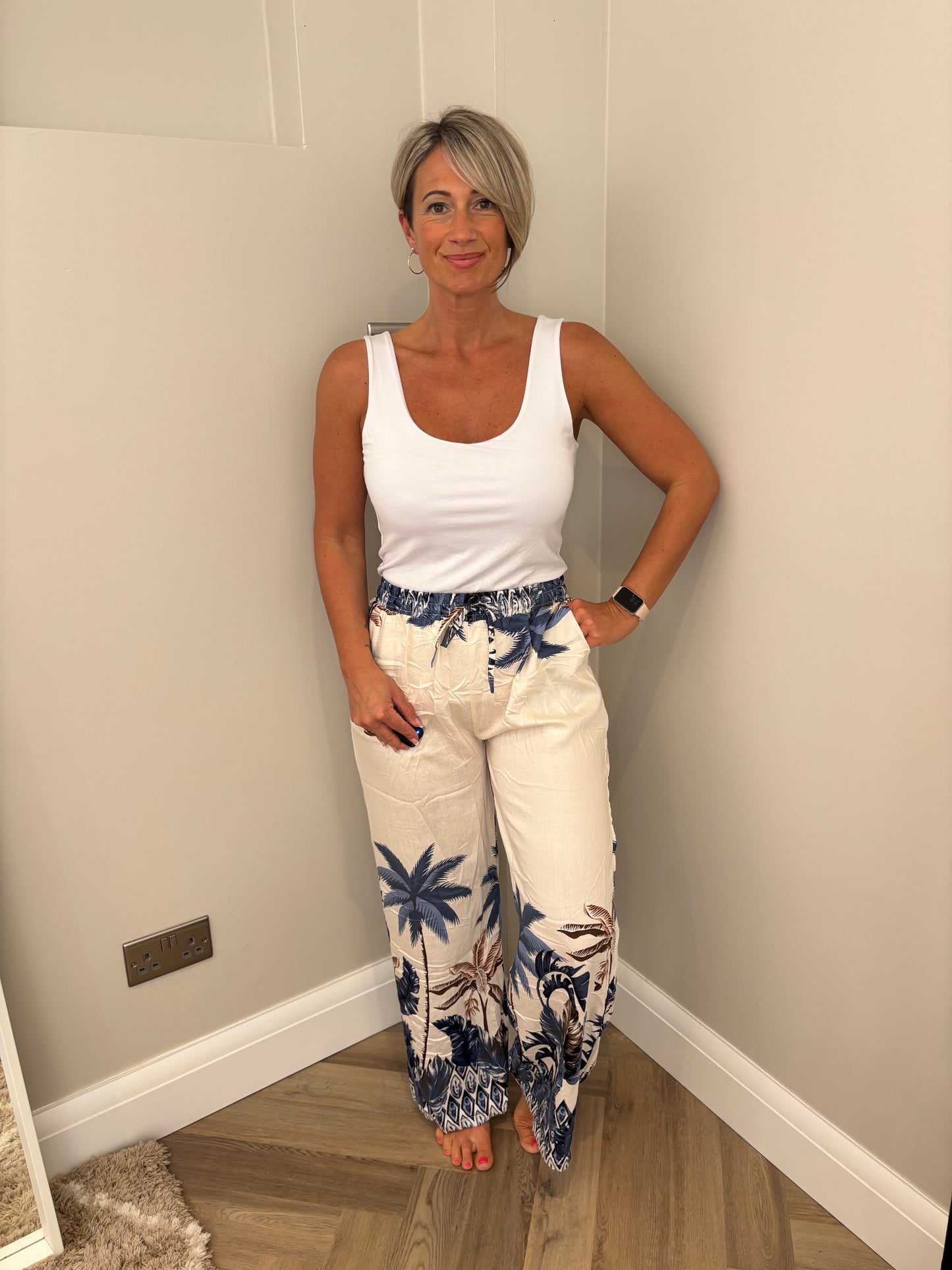 Print Wide Leg Trousers in Blue M/L