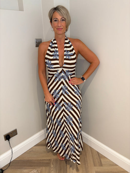 Halterneck Print Maxi in Brown