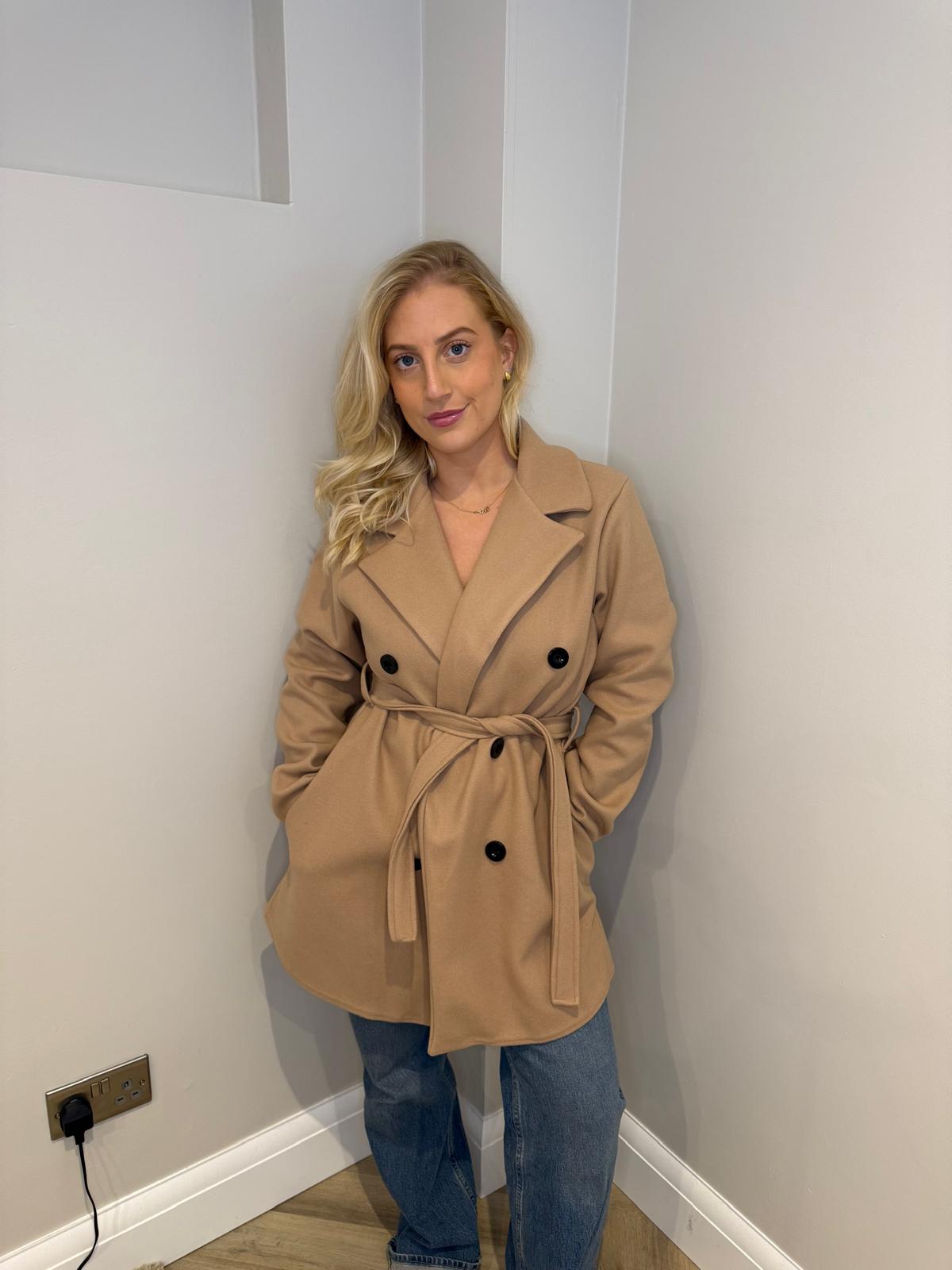 Knee Length Button Up Coat in Camel