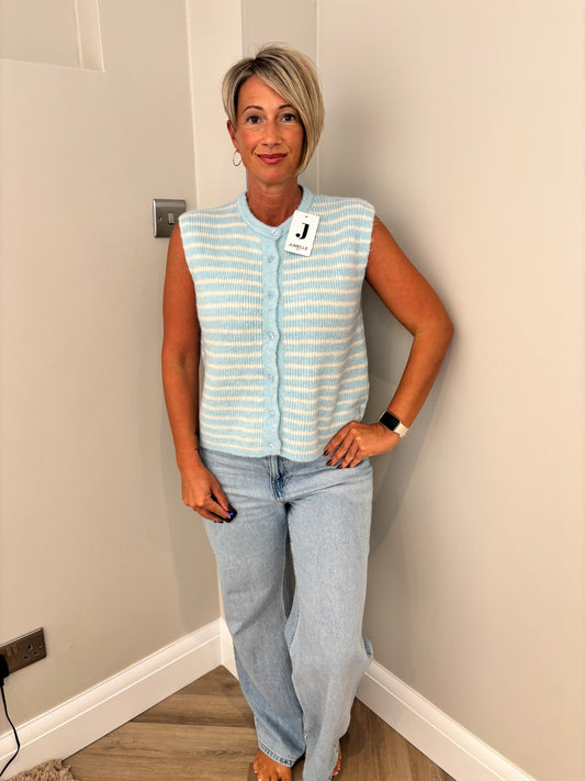Sleeveless Striped Knit Jumper in Blue