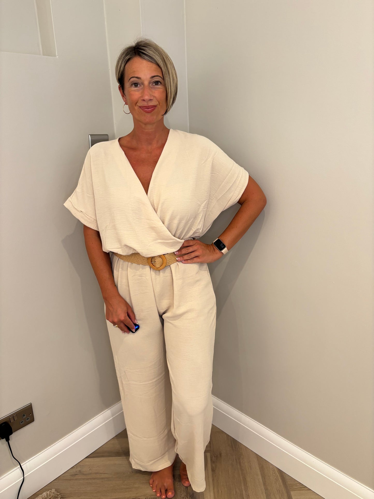 Belted Jumpsuit in Beige