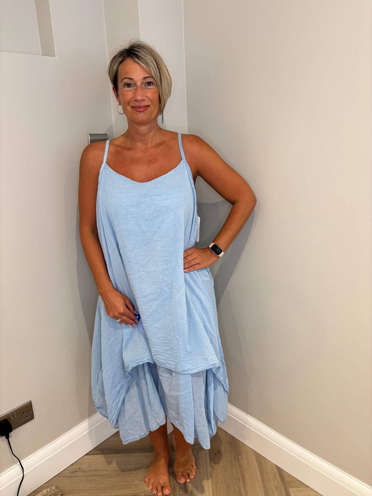 Cotton Layered Strappy Dress in Blue