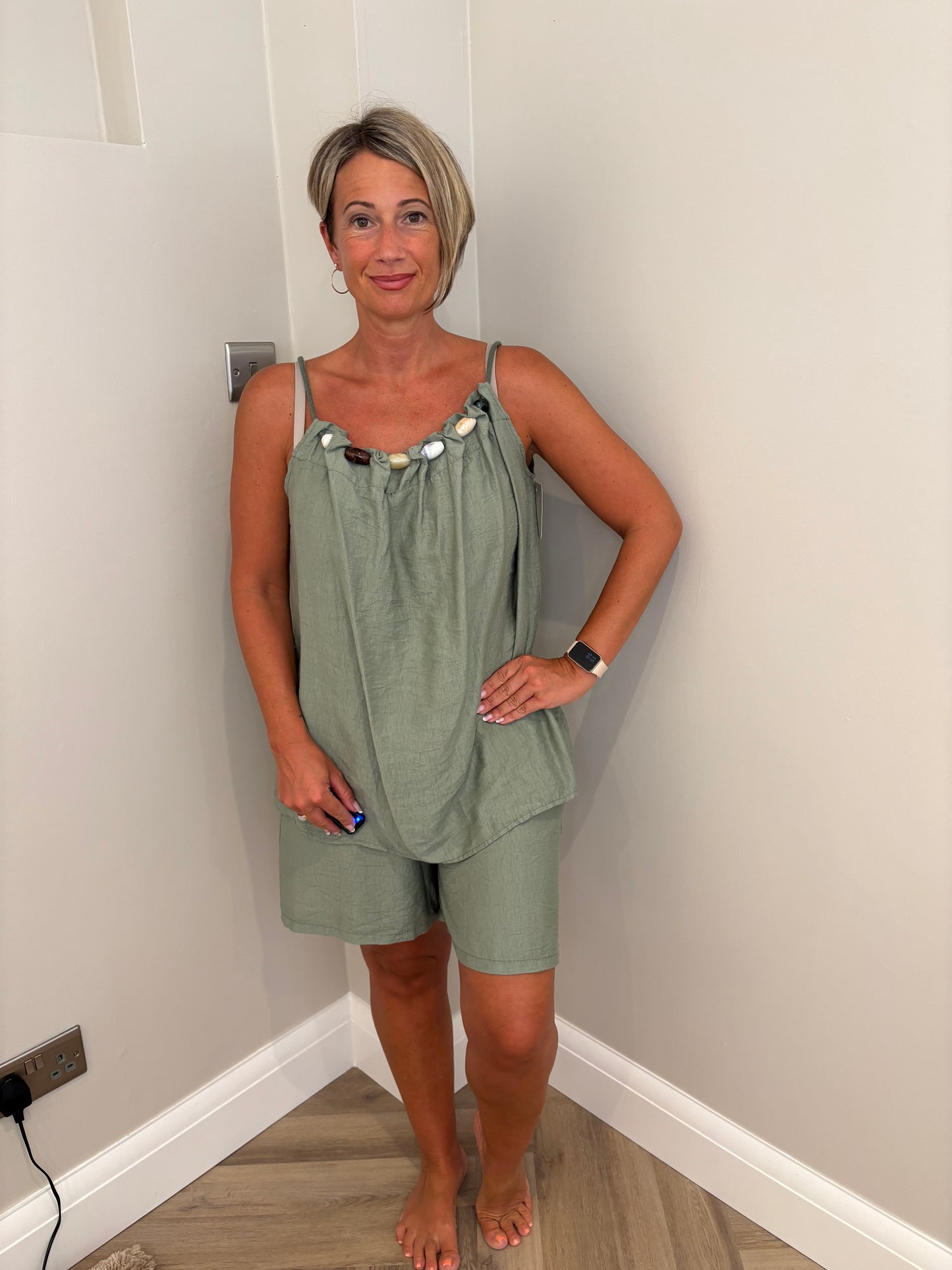 Bead Detail Short Set in Khaki