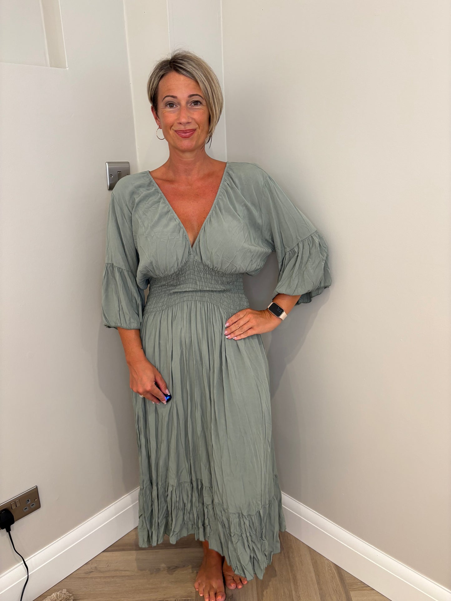 Cotton Sleeved Maxi Dress in Khaki