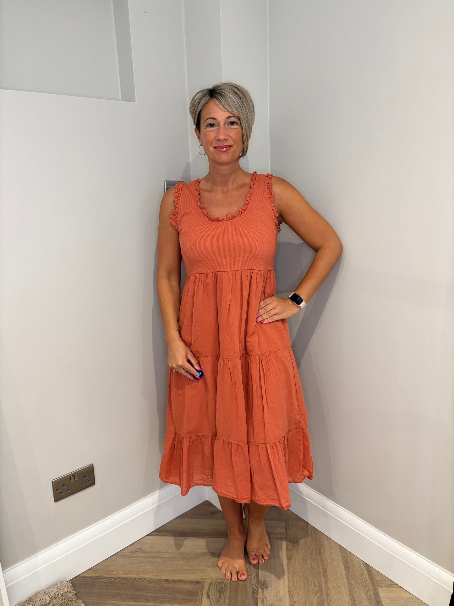 Cotton Smock Dress in Rust