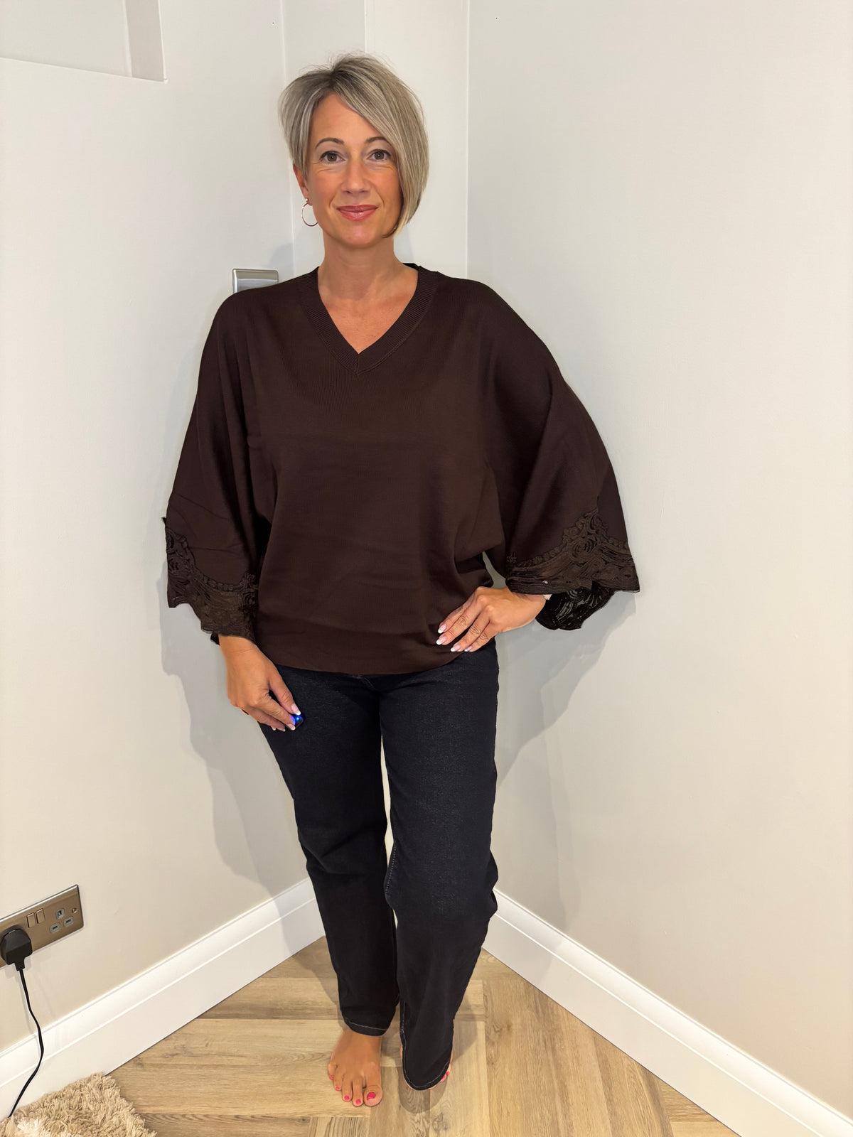 Lace Detail Wide Arm Jumper in Brown