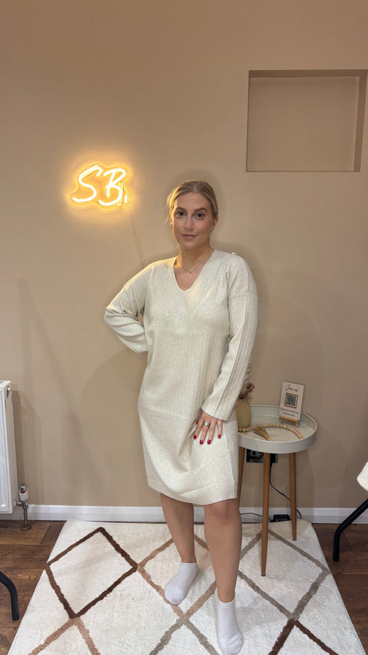 Soft Knit Ribbed Jumper Dress in Cream