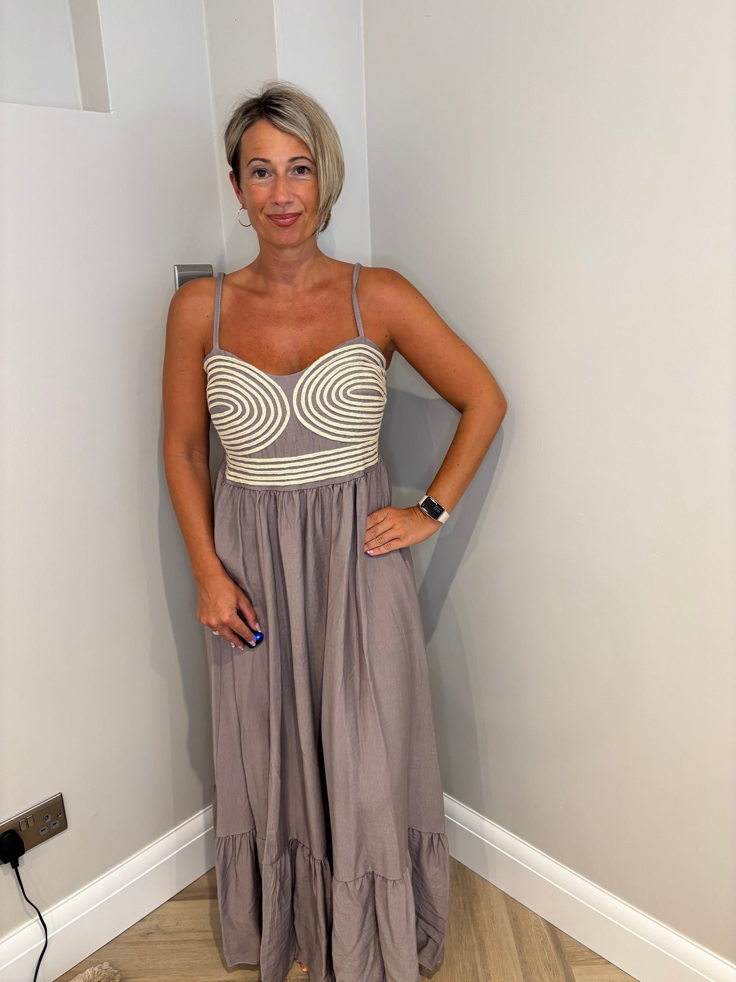 Embroidered Detail Strappy Maxi Dress in Mocha