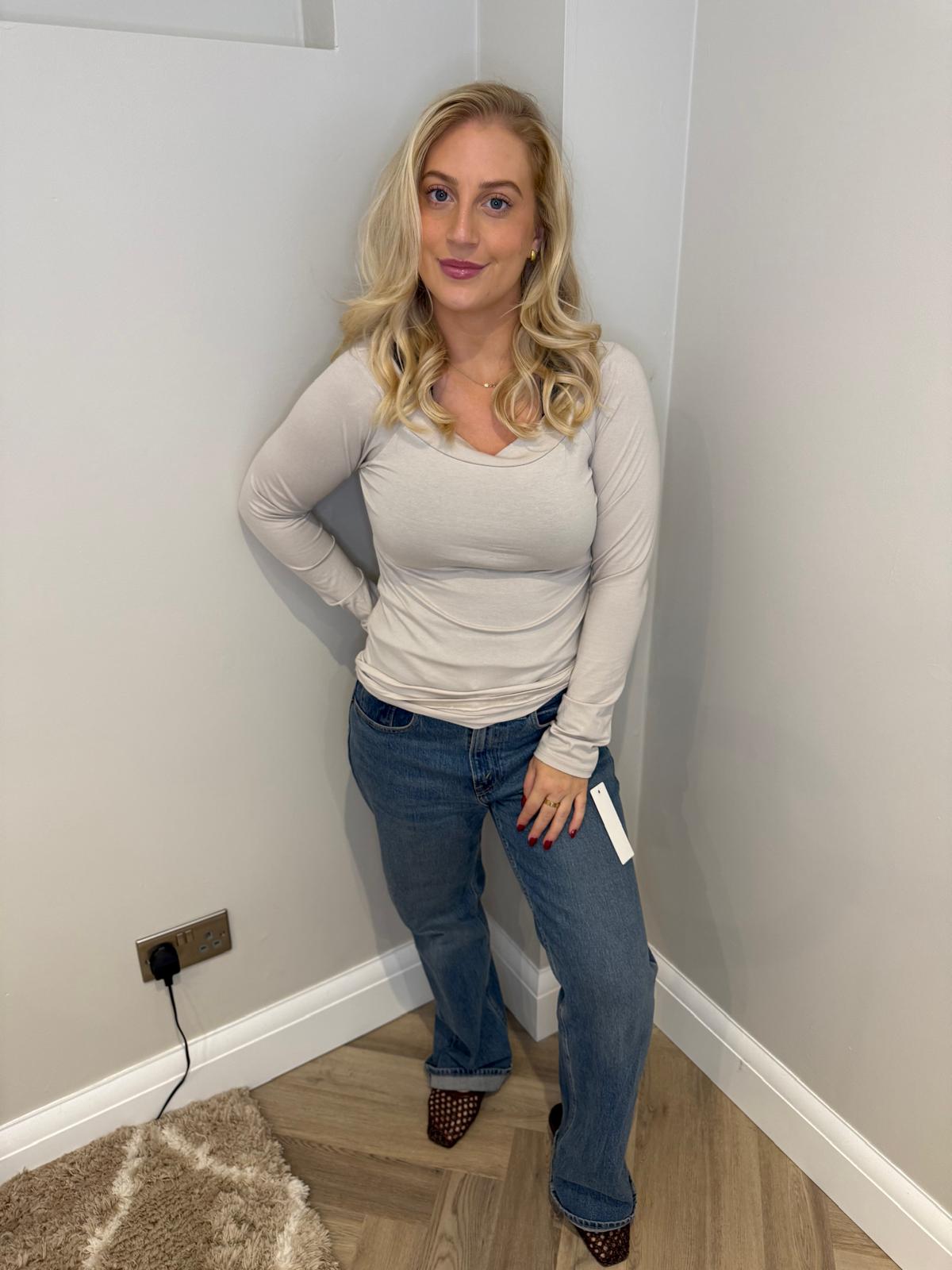 Bardot Style Basic Long Sleeve Top in Beige