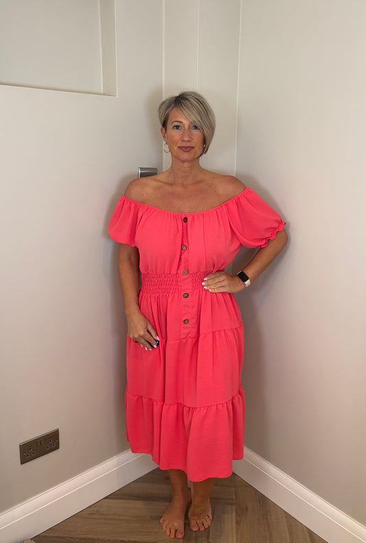 Bardot Button Dress in Coral