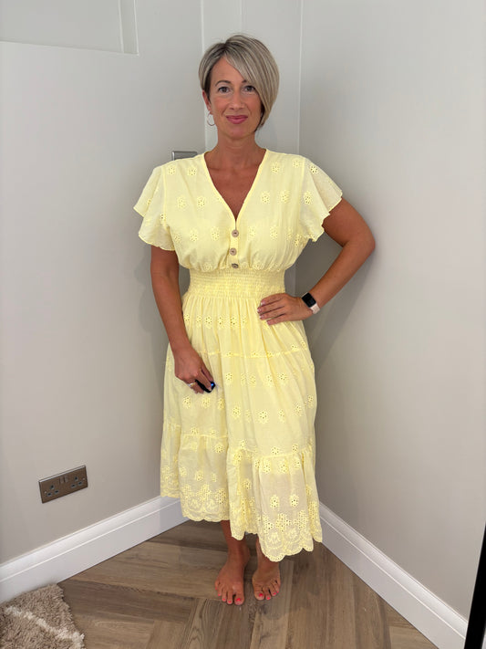 Broderie Button Dress in Yellow