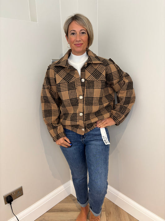 Button Up Chequered Bomber Jacket in Camel