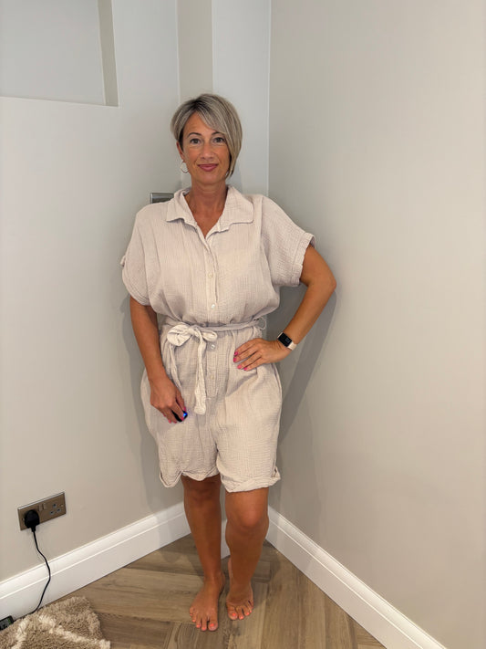Cheesecloth Tie Belt Playsuit in Beige