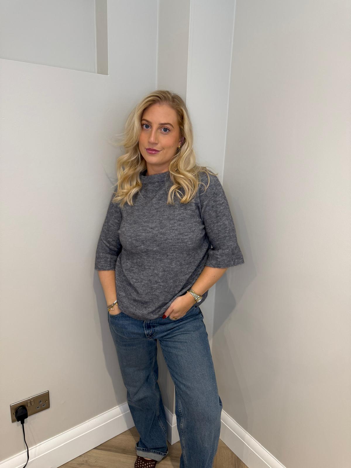 Cropped Sleeve Soft Knit in Grey