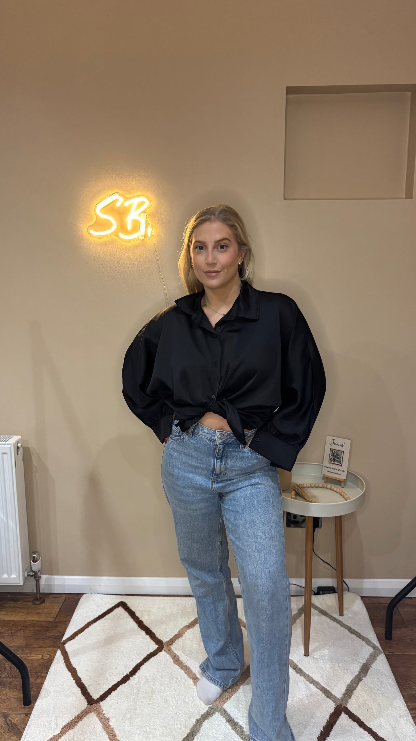 Satin Button Shirt in Black