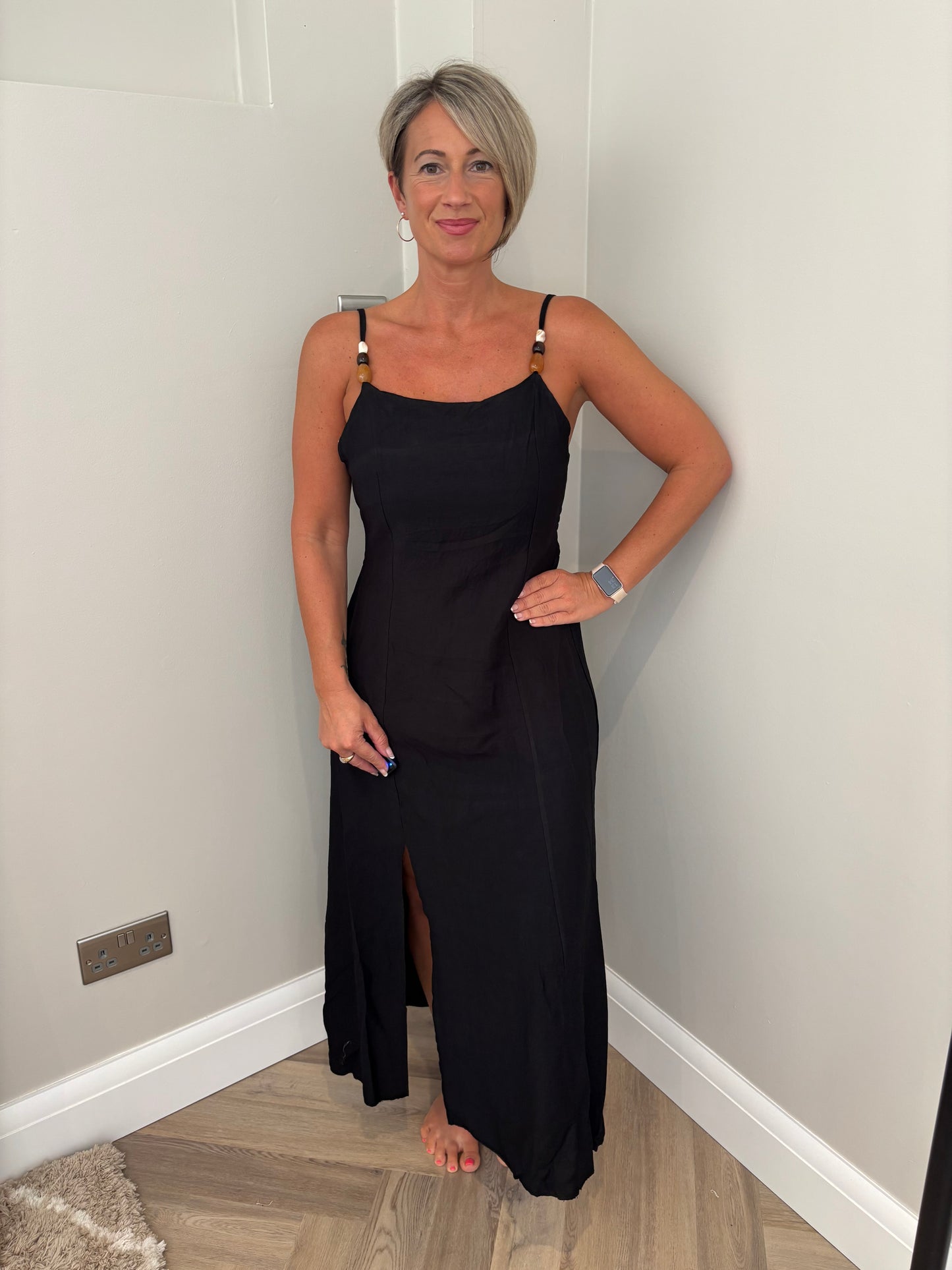 Bead Strap Slit Dress in Black