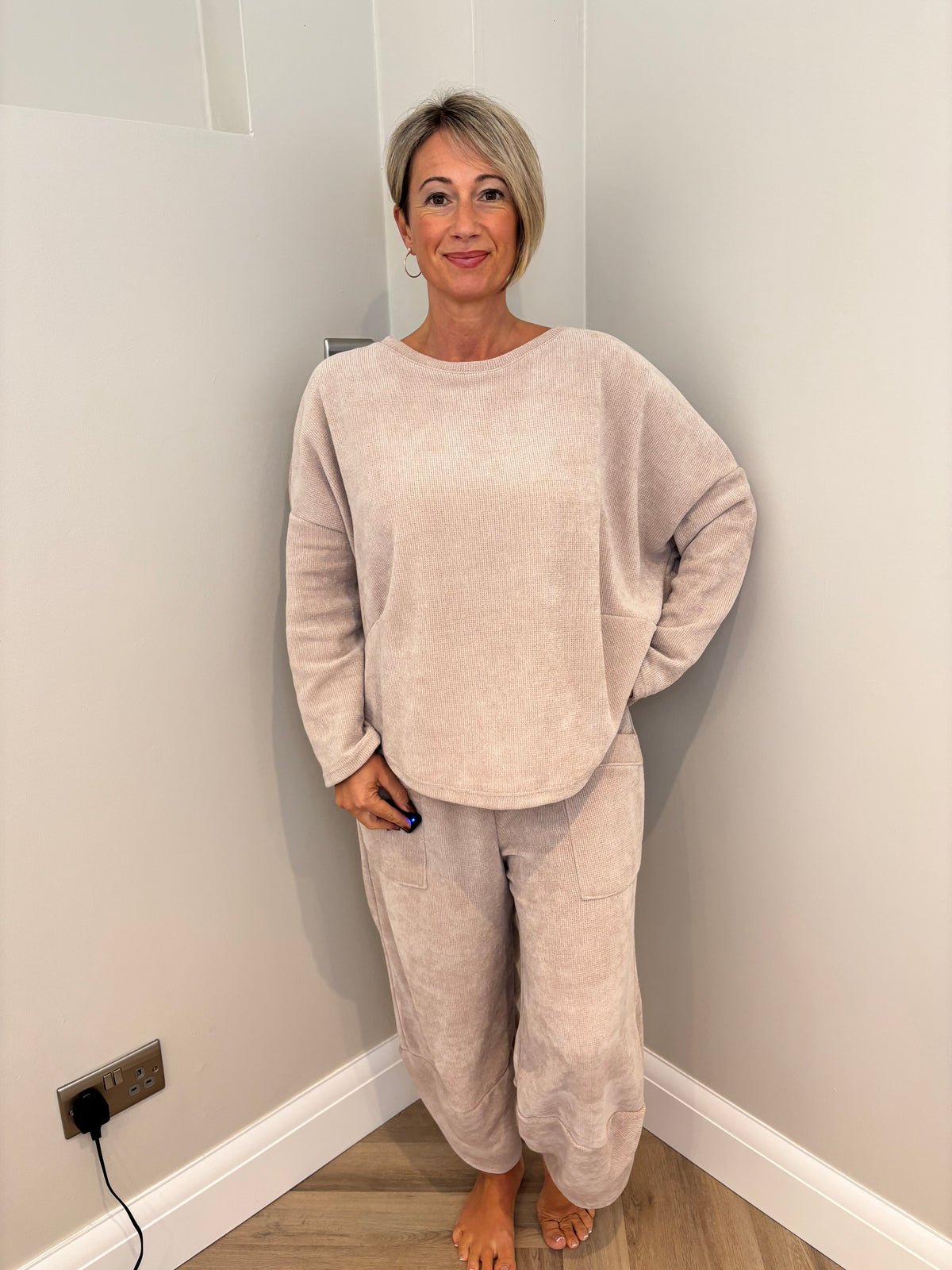 Corduroy Tapered Leg Jersey Loungeset in Beige