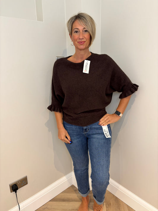 Frill Sleeve Knit Jumper in Brown