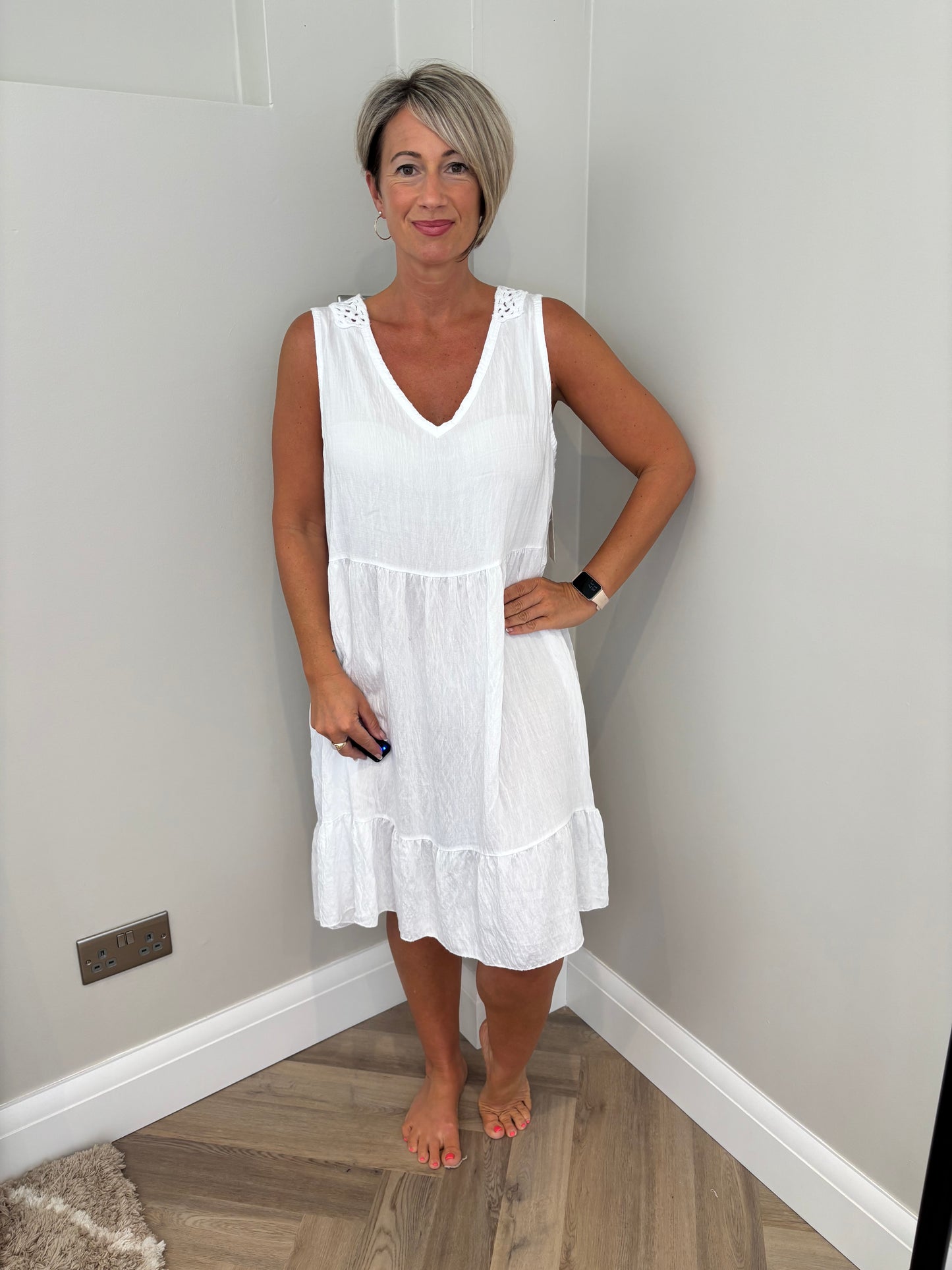 Crochet Detail Smock Dress in White
