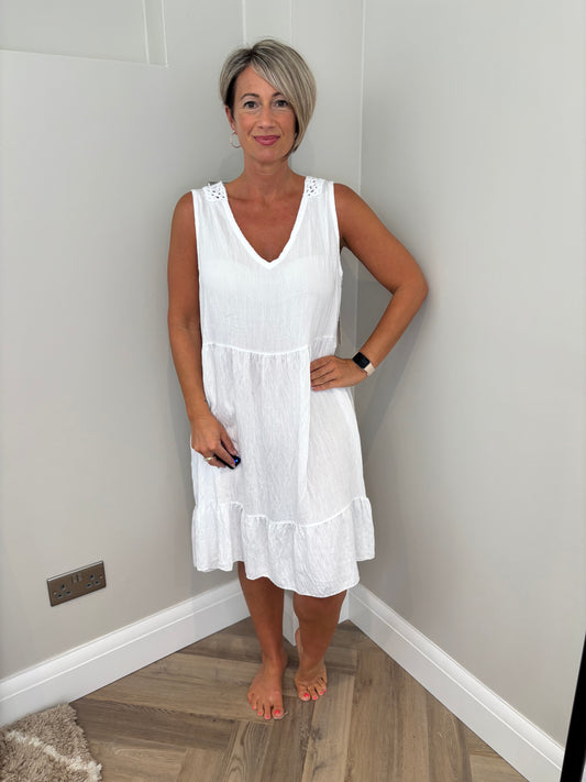 Crochet Detail Smock Dress in White