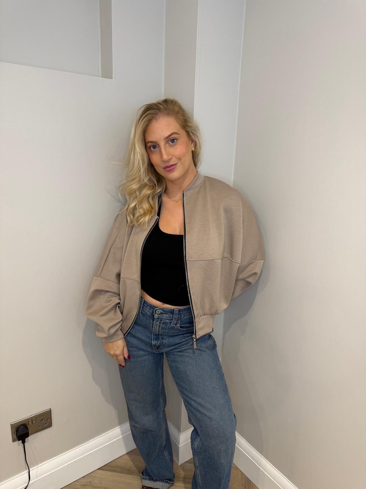 Soft Jersey Zip Bomber in Mocha