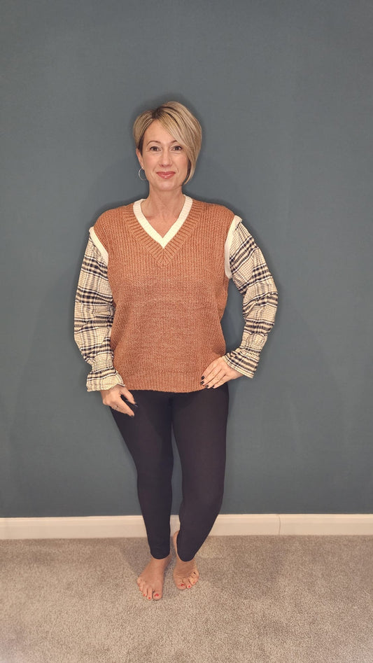 Chequered Shirt and Knit Waistcoat Top in Burnt Orange