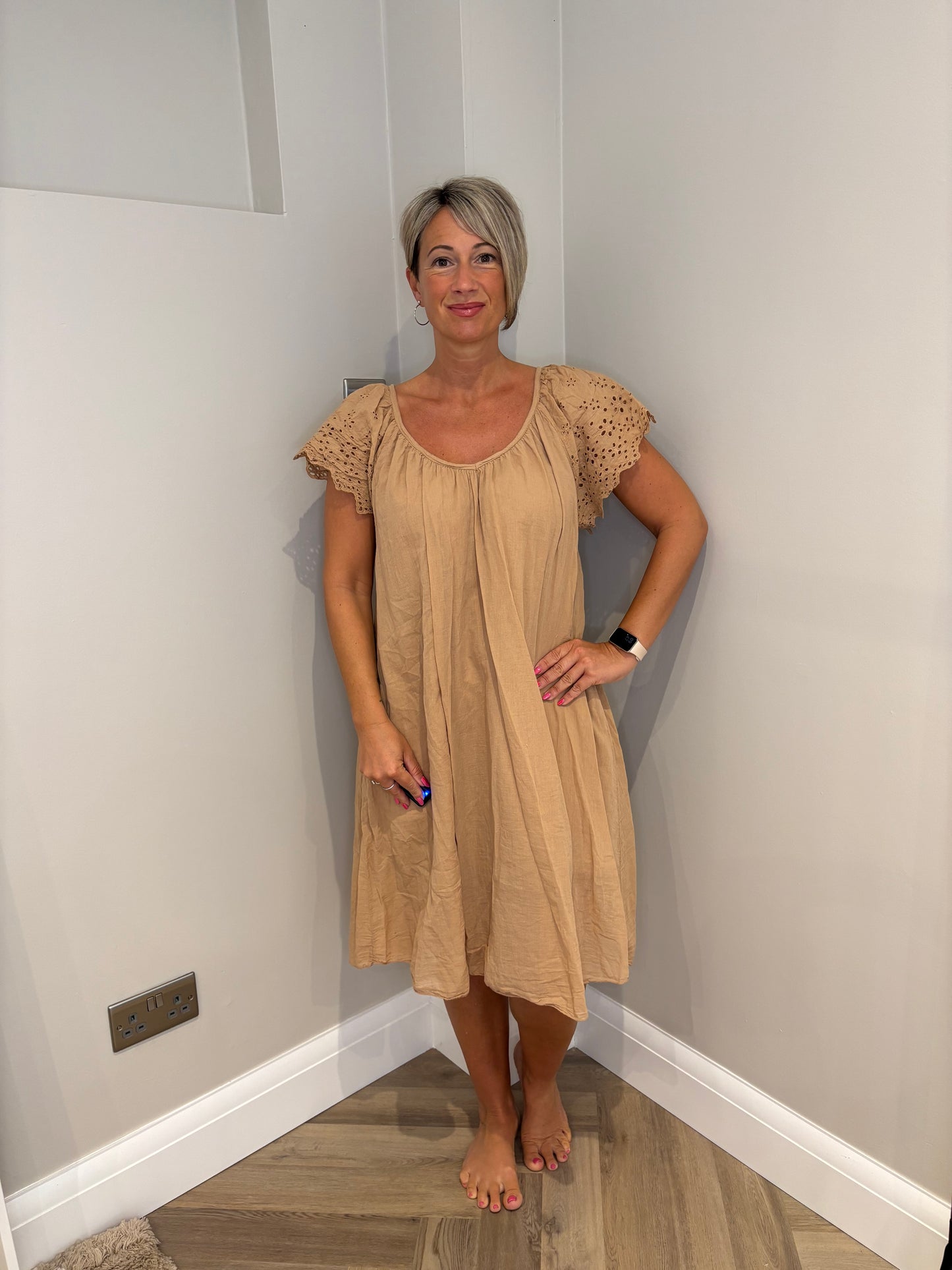 Embroidered Sleeve Cotton Dress in Brown