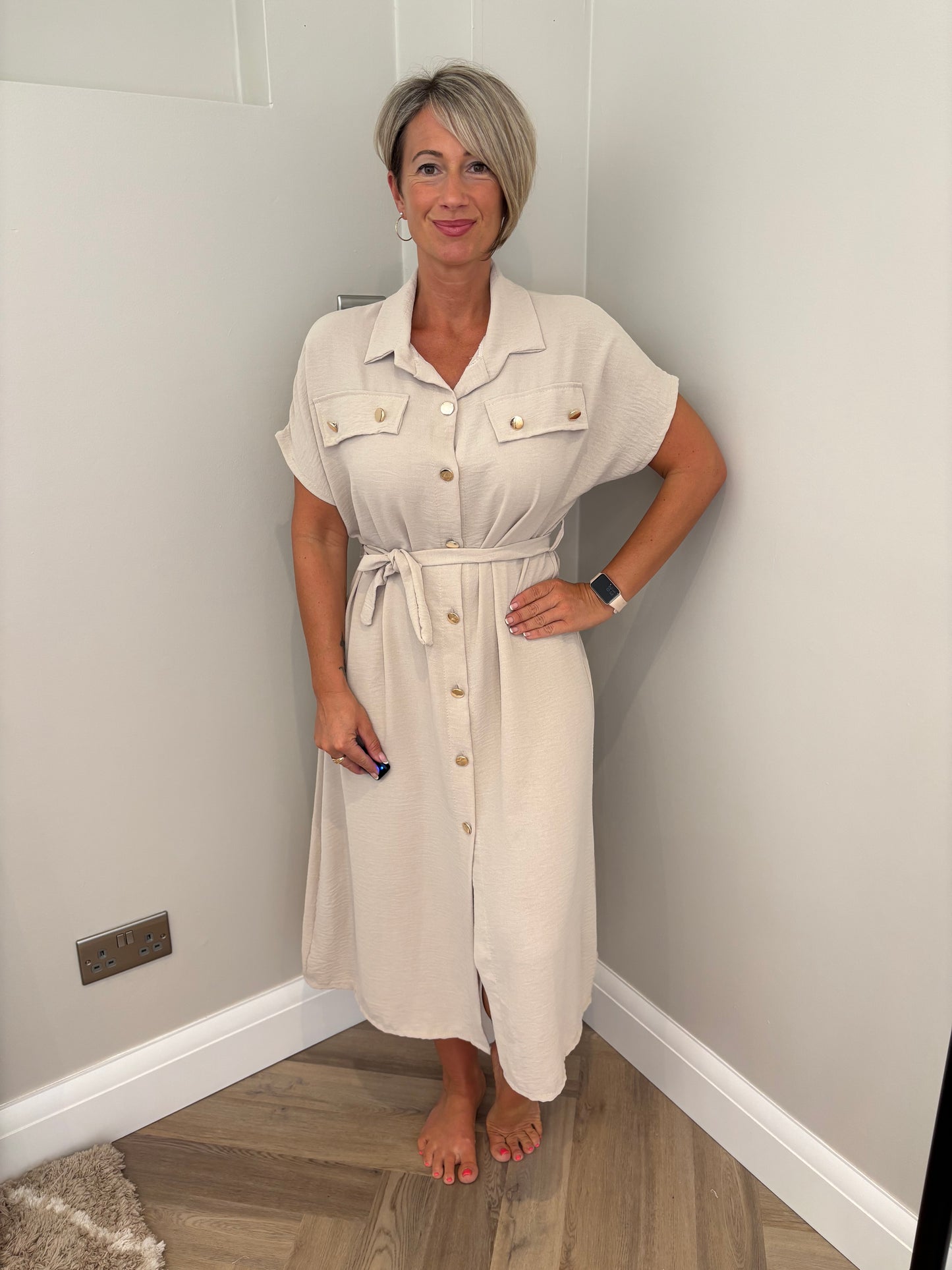 Button Up Tie Waist Shirt Dress in Beige