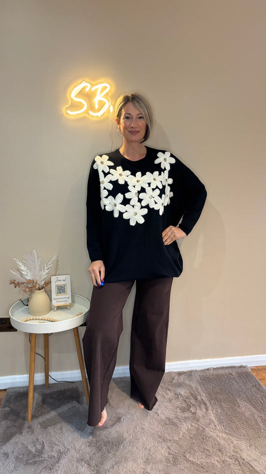 Flower Detail Longline Jumper in Black
