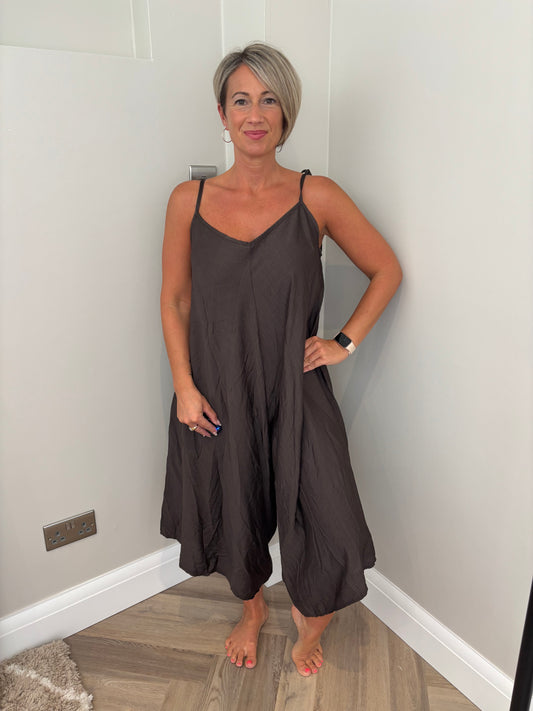 Tie Shoulder Jumpsuit in Brown