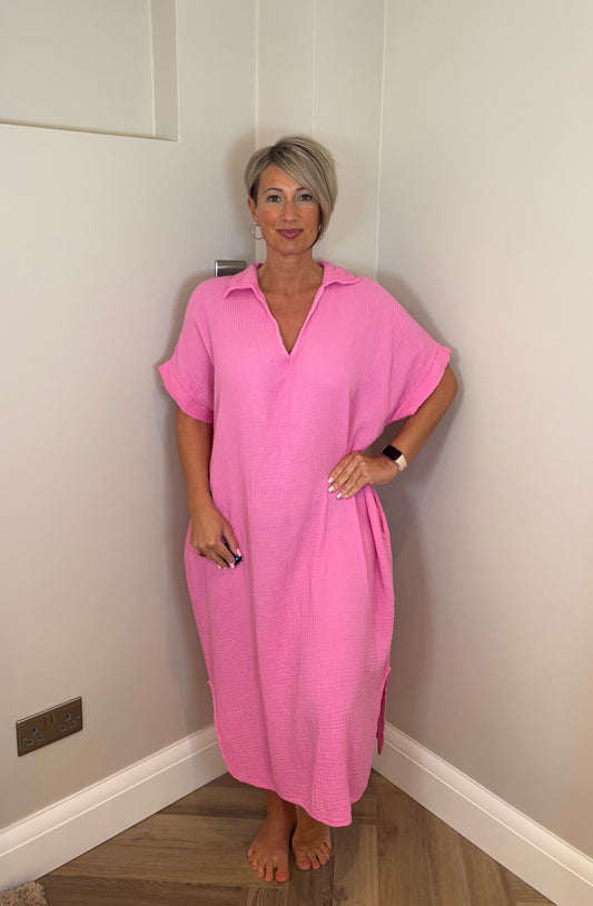 Cheesecloth Tunic Pocket Dress in Pink