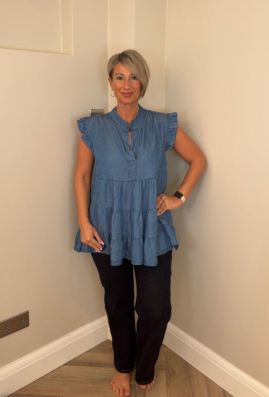 Soft Jersey Denim Frill Sleeve Top