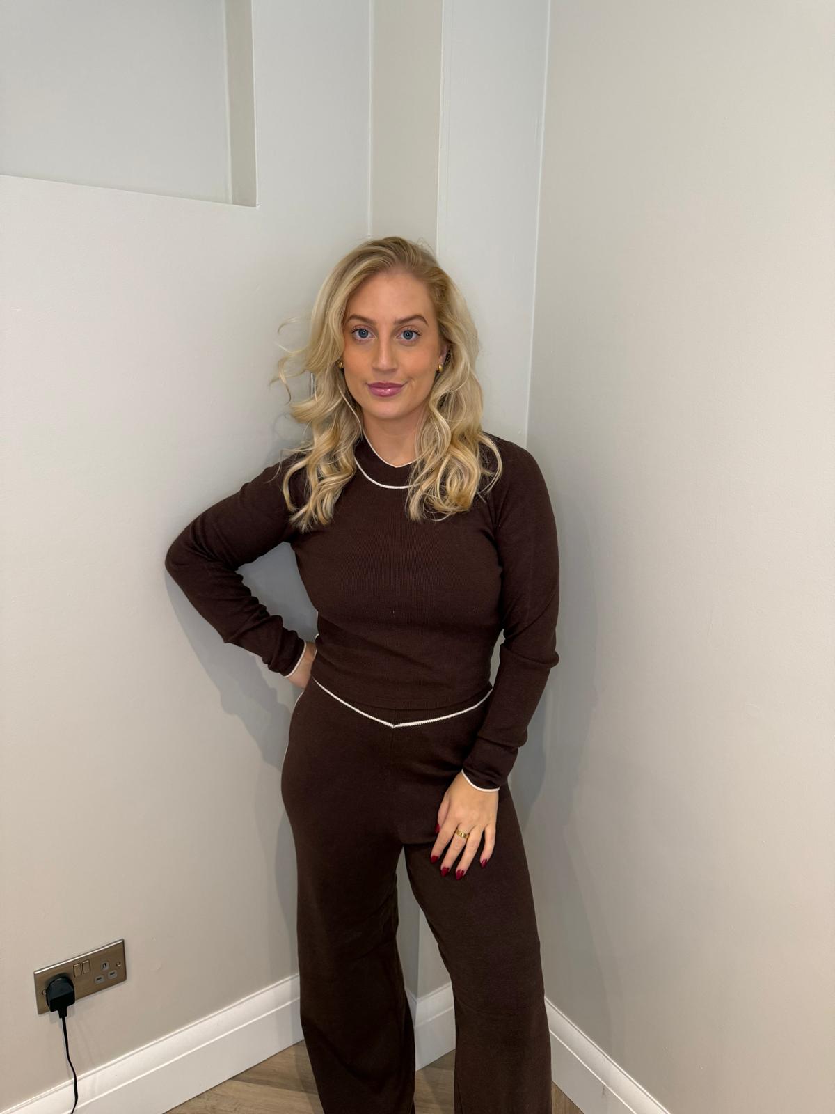Contrast Detail Long Sleeve Loungeset in Brown