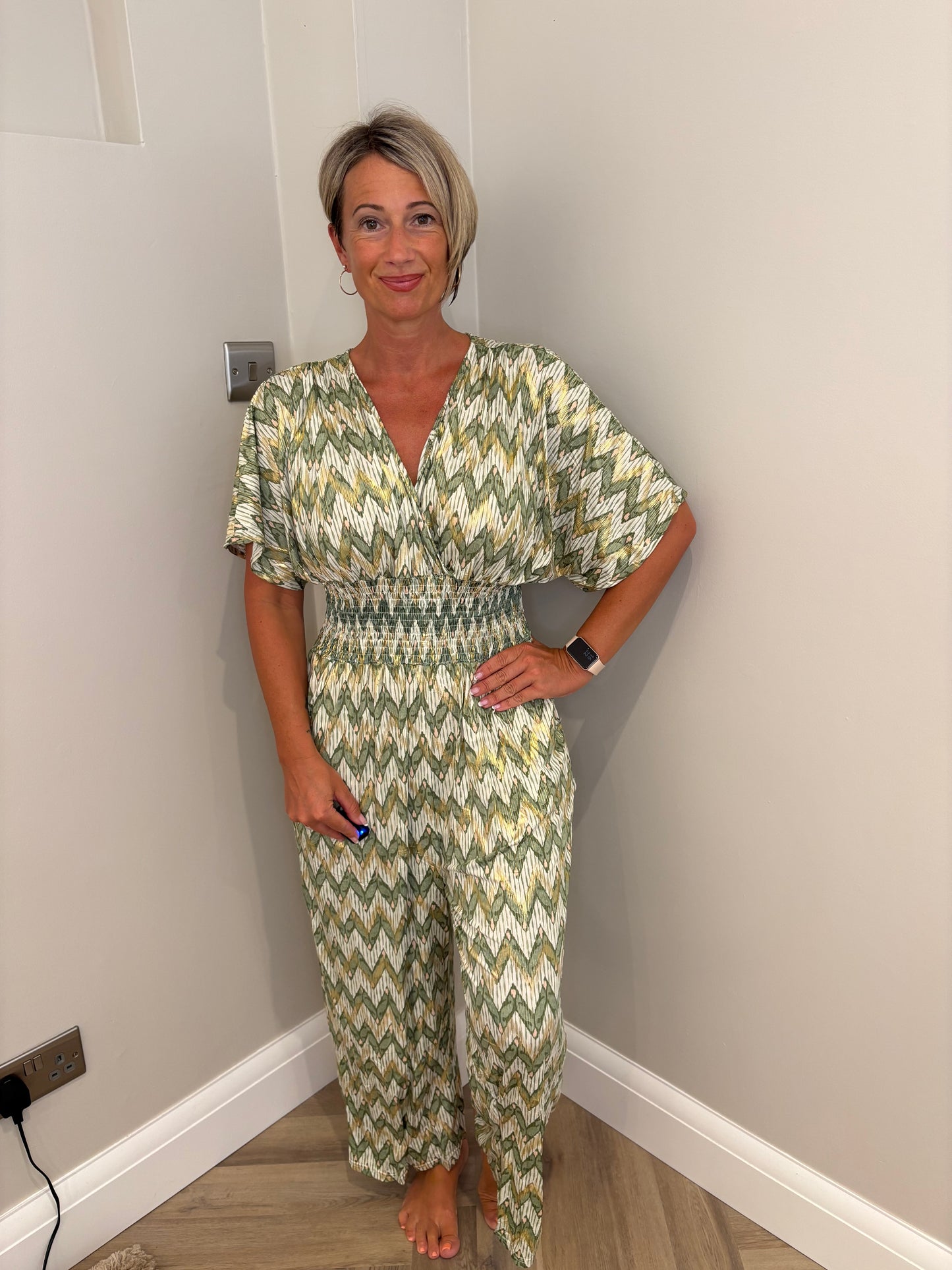 Slinky Print Jumpsuit in Khaki