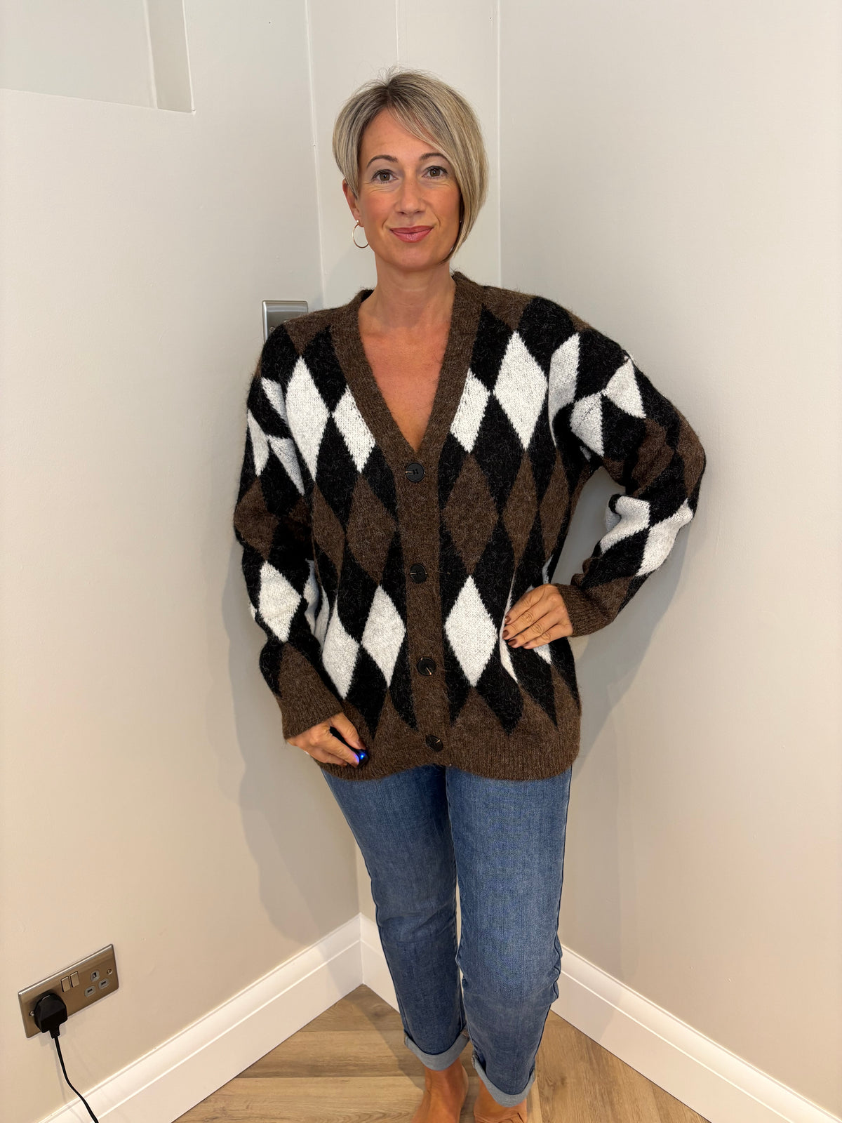 Argyle Oversized Cardigan in Brown