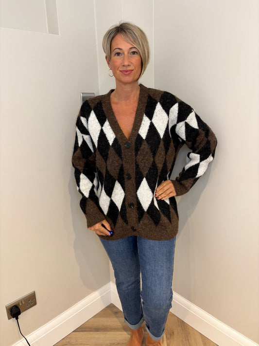 Argyle Oversized Cardigan in Brown