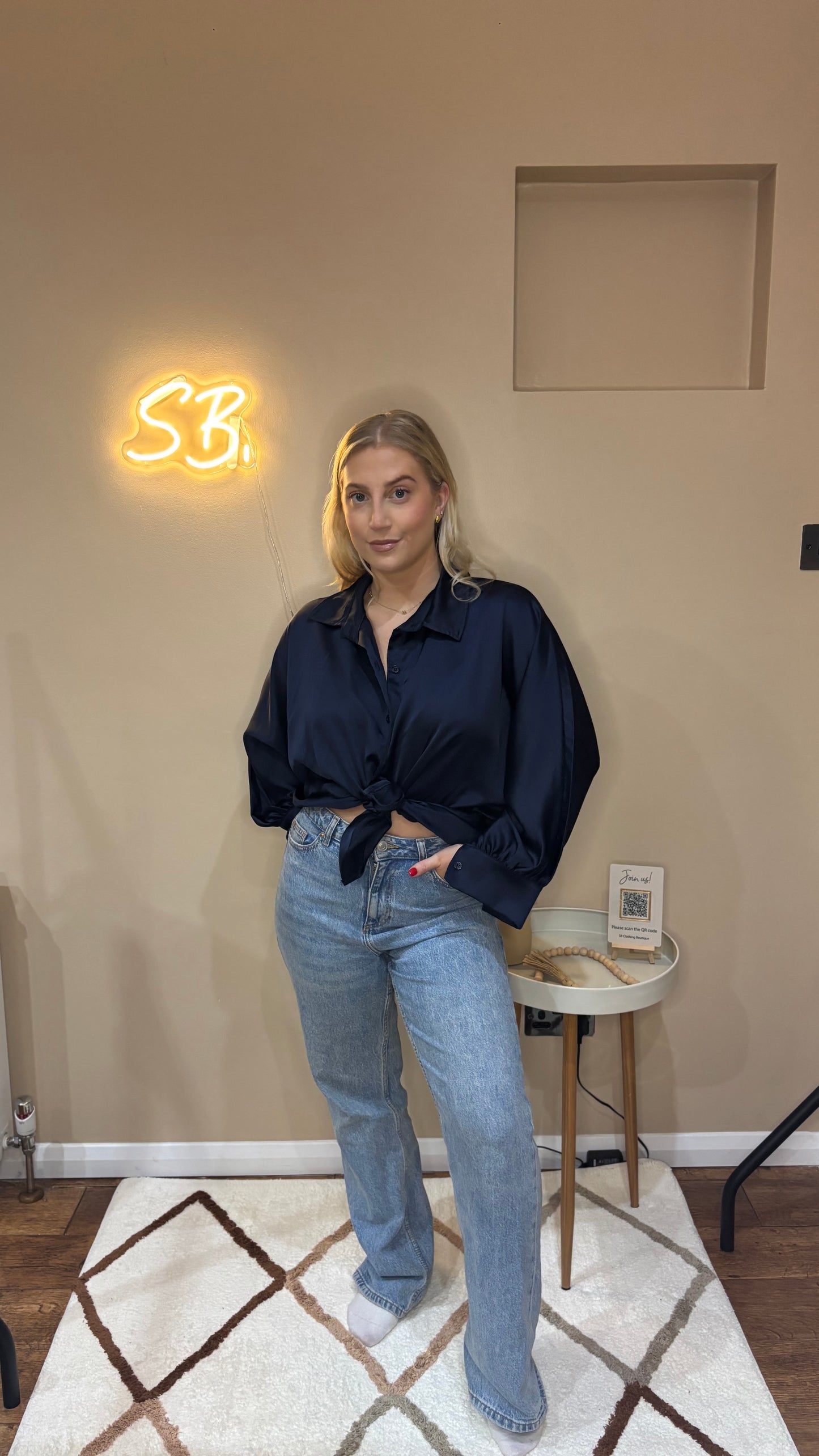 Satin Button Shirt in Navy