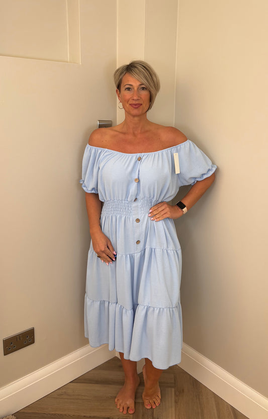 Bardot Button Dress in Blue