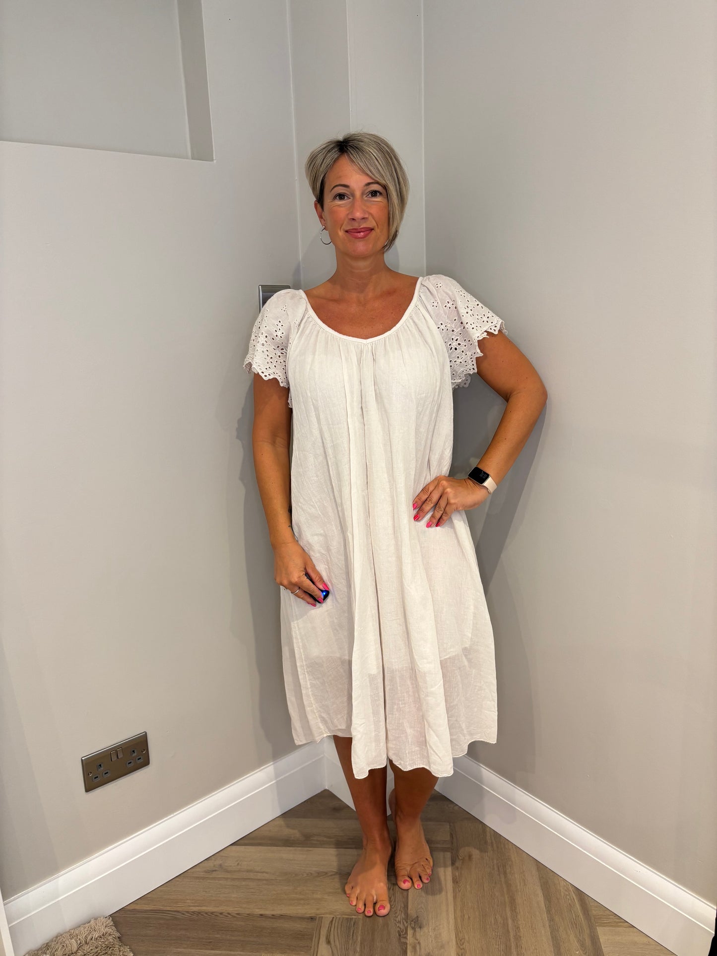 Embroidered Sleeve Cotton Dress in Beige