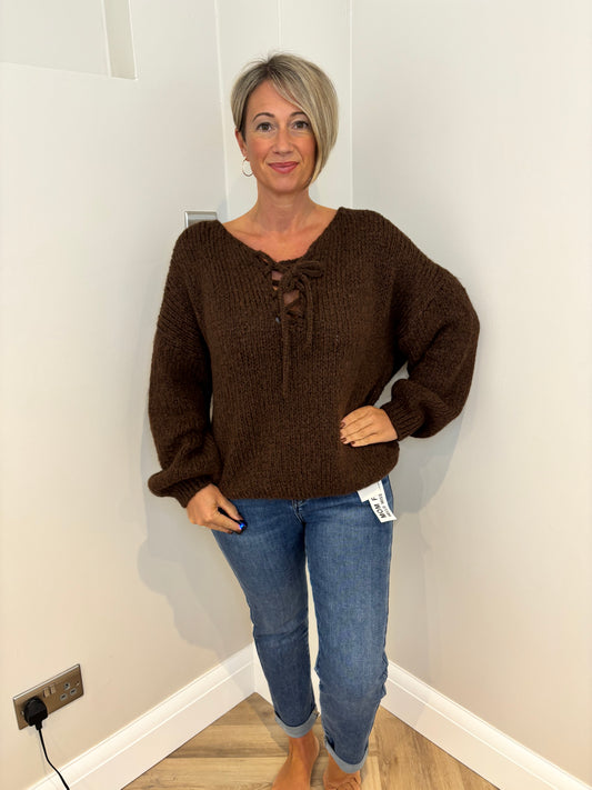 Front Tie Knit Jumper in Brown