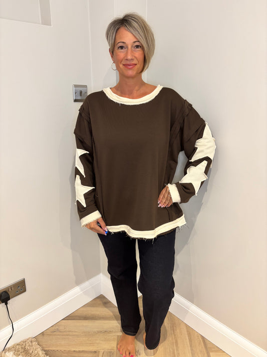 Star Detail Raw Jersey Jumper in Brown