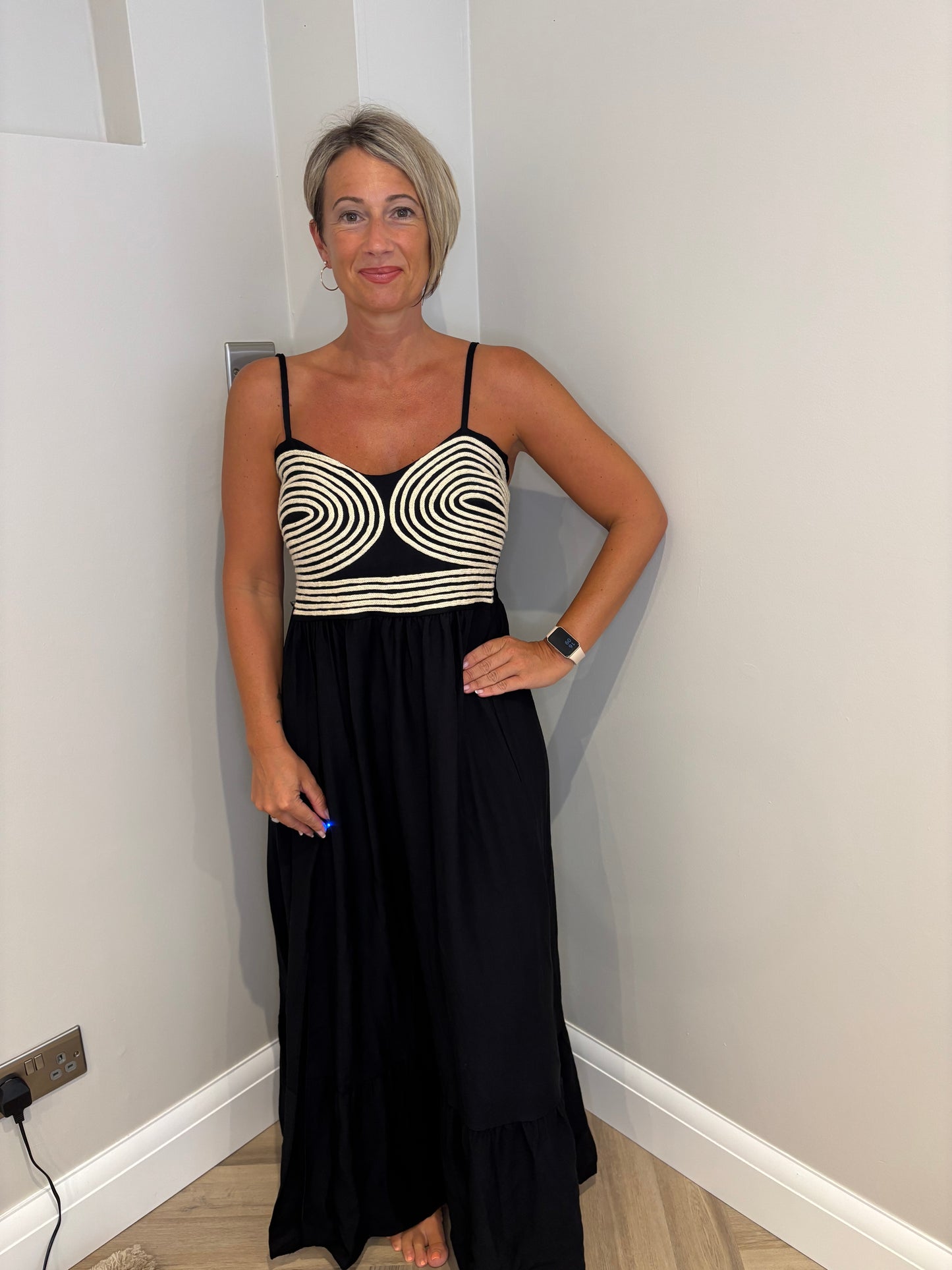 Embroidered Detail Strappy Maxi Dress in Black