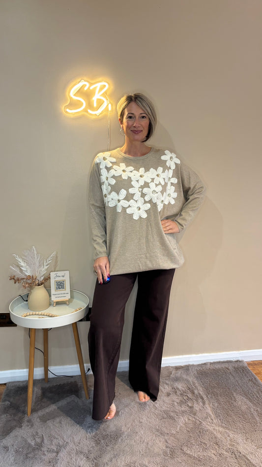 Flower Detail Longline Jumper in Beige