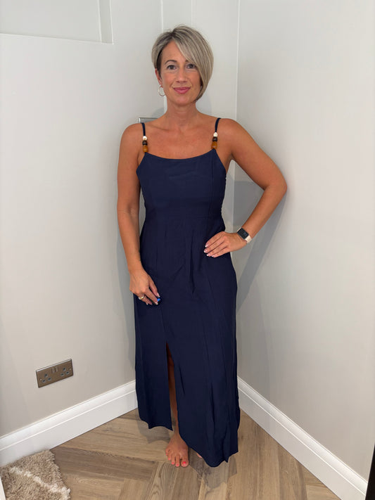 Bead Strap Slit Dress in Navy