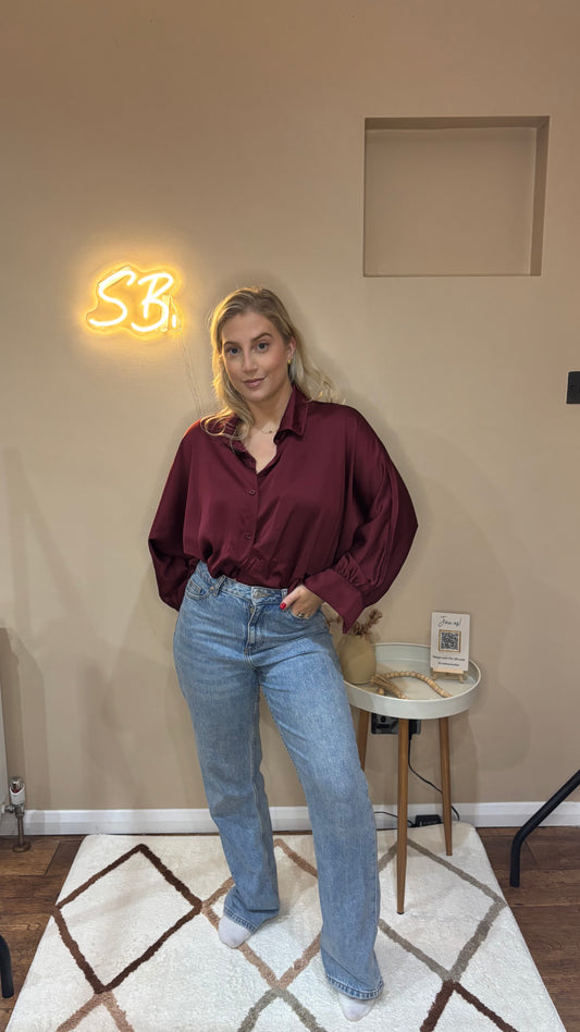 Satin Button Shirt in Wine