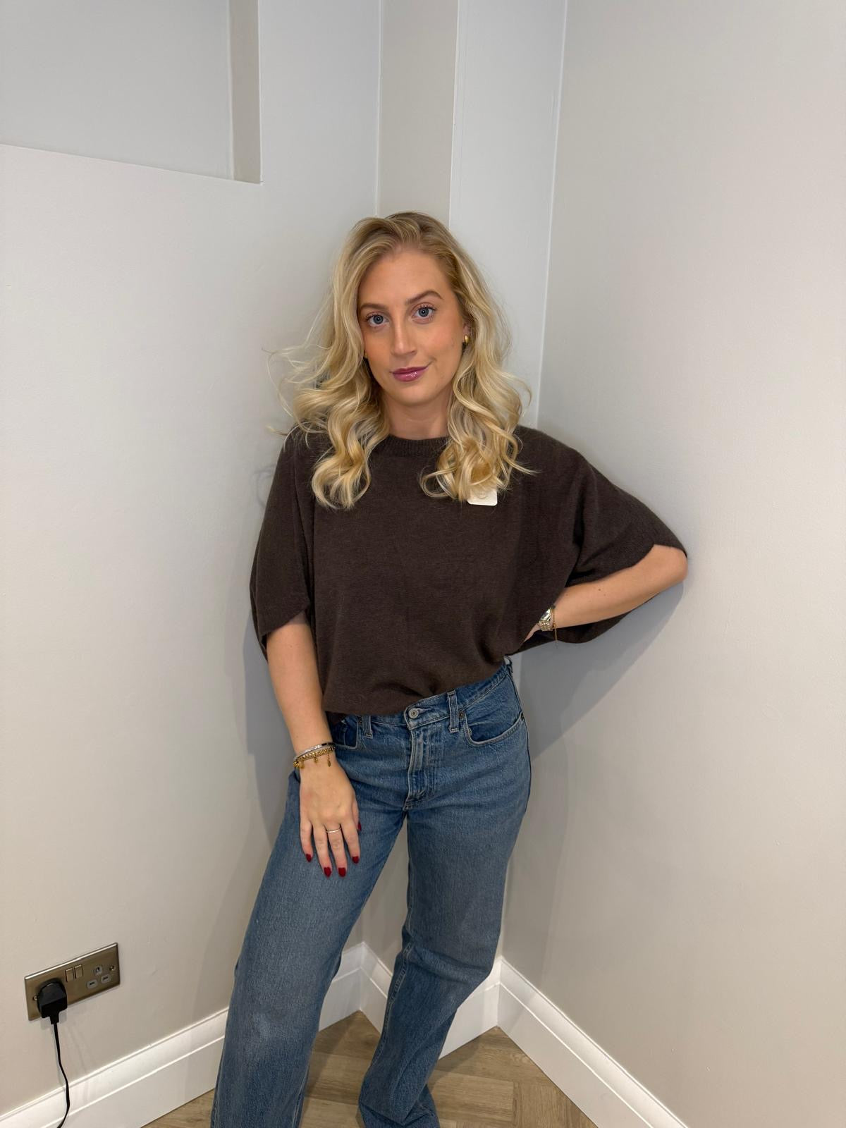 Short Sleeve Knit Jumper in Brown