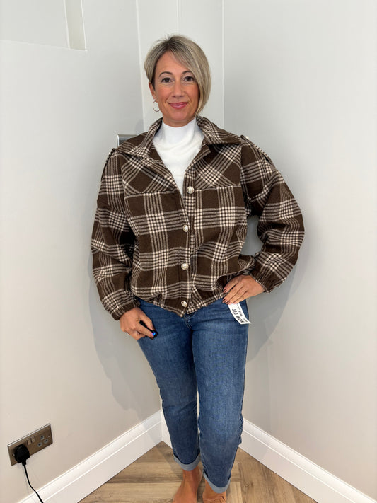 Button Up Chequered Bomber Jacket in Brown