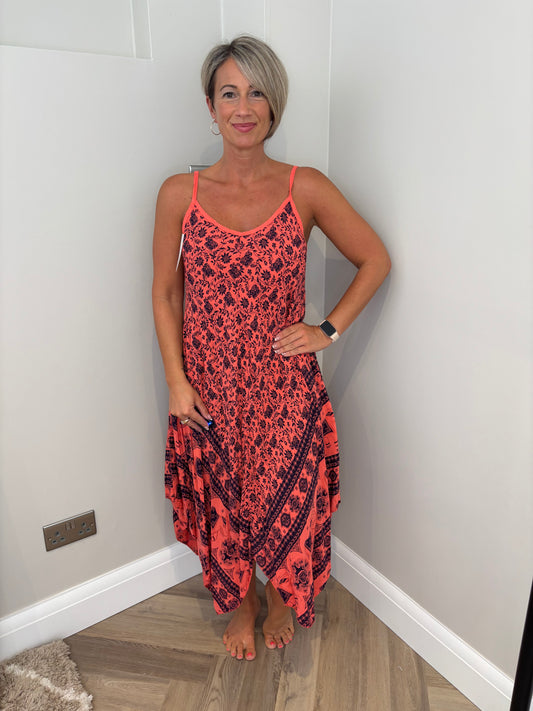 Strappy Print Jumpsuit in Coral
