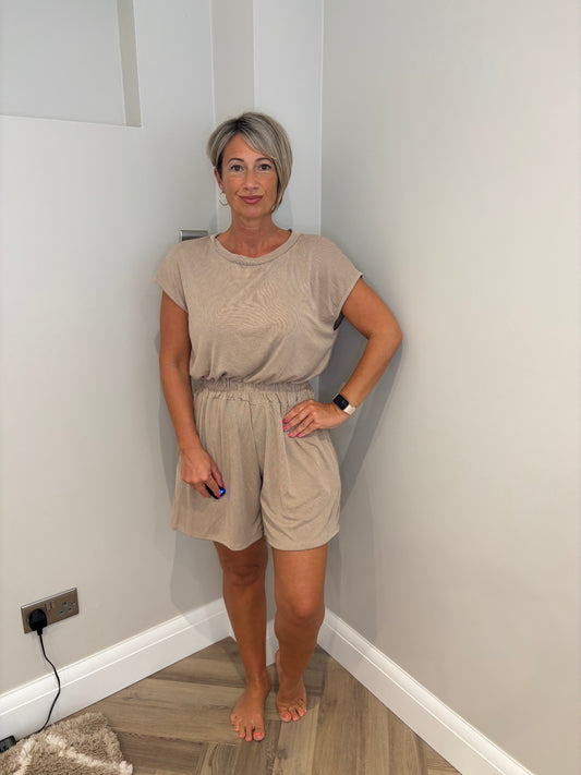 Button Back Jersey Playsuit in Mocha